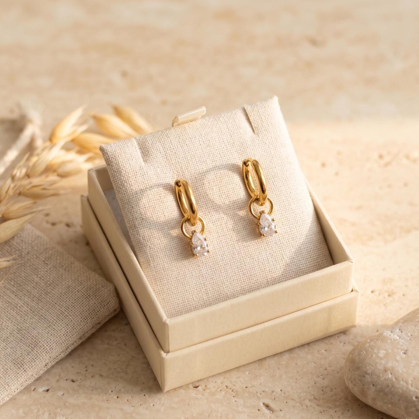 Teardrop CZ Gold Huggie Hoops