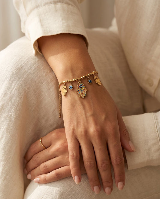 Gold Hamsa Hand & Evil Eye Charm Bracelet