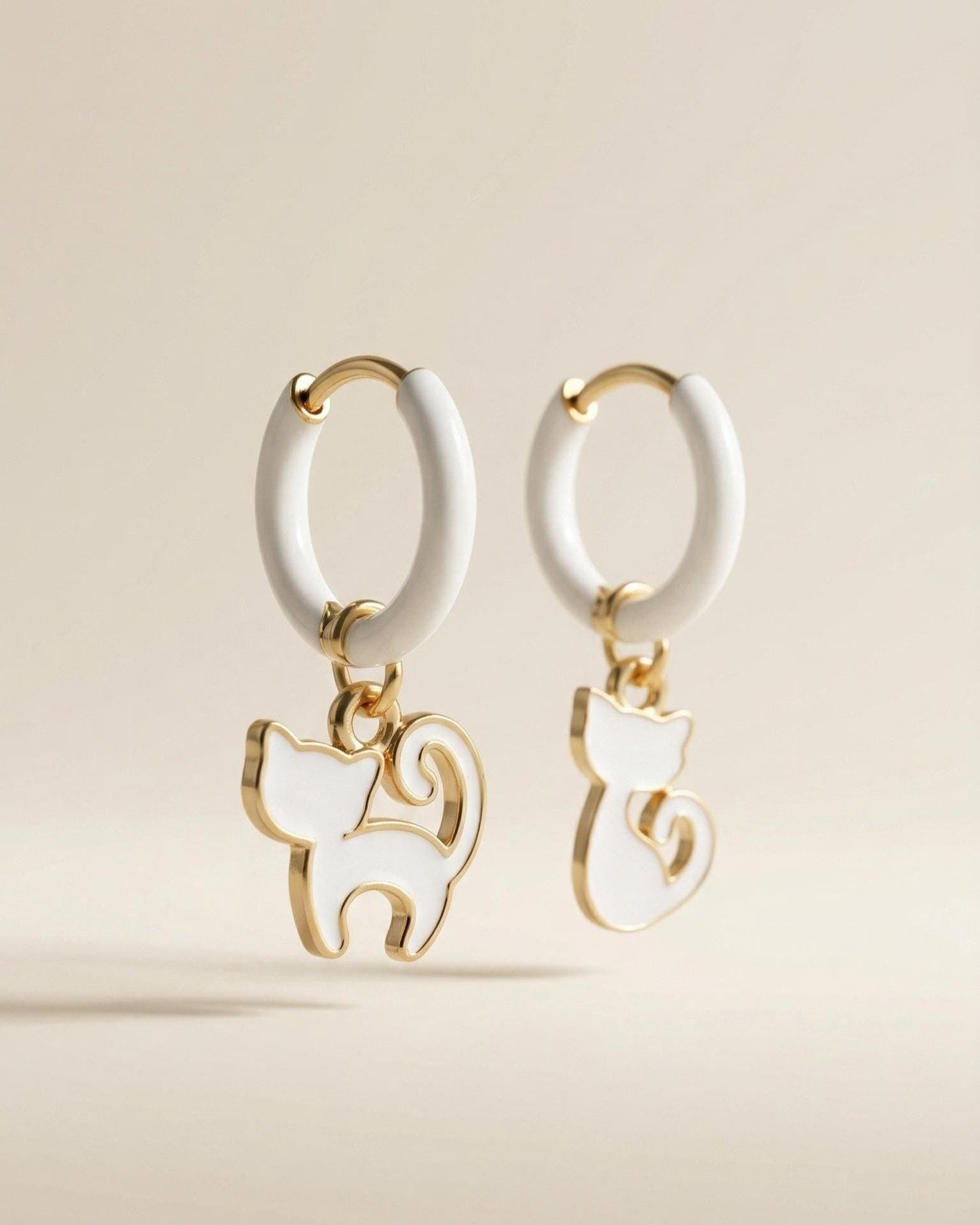 White Enamel Cat Huggie Hoops
