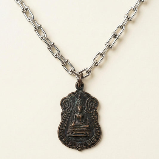 Thai Buddha Pewter Amulet Necklace