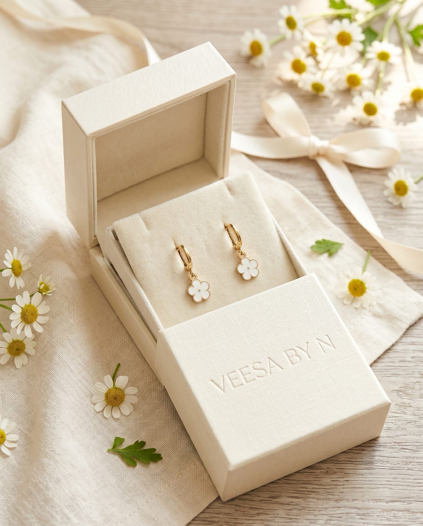 Daisy Huggie Hoop Earrings — Gold, White Enamel Flower Charm