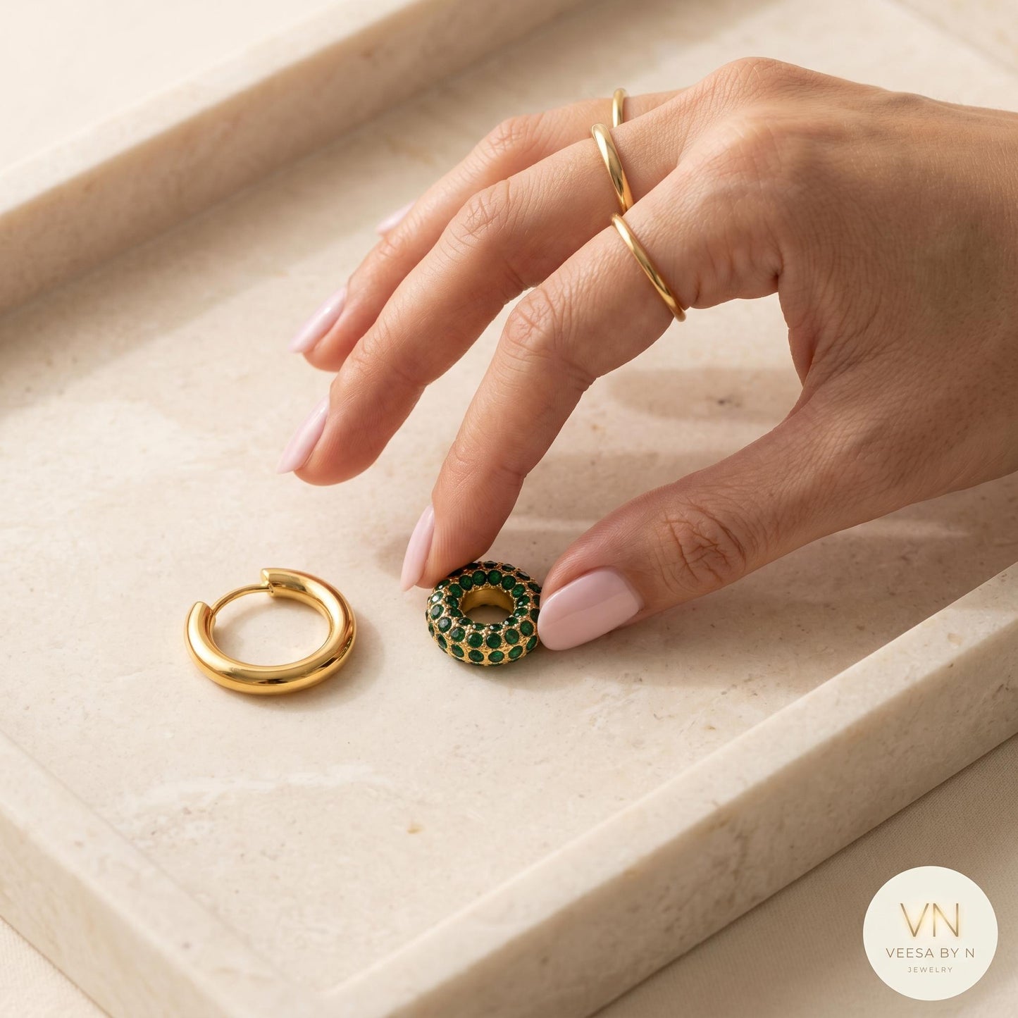 Emerald Pavé Donut Charm Gold Huggie Hoops