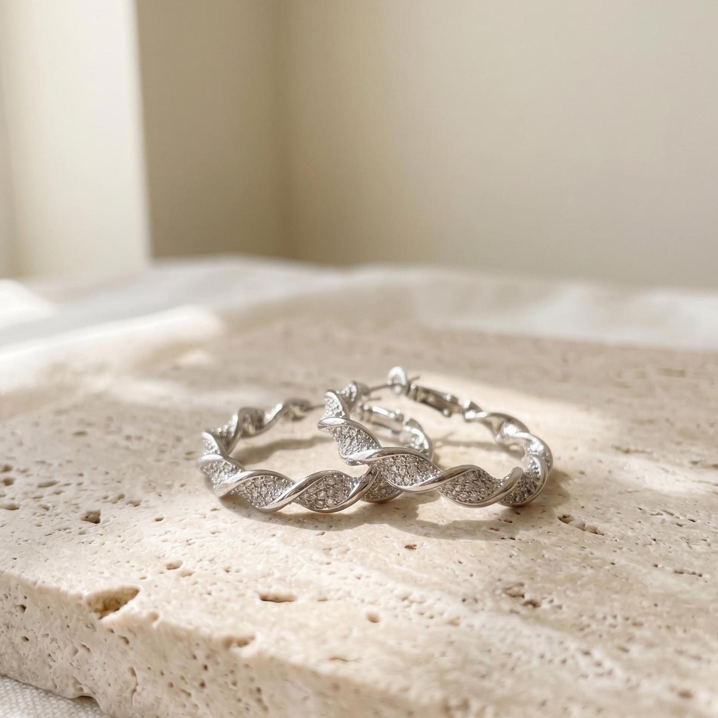 Twisted Crystal Pavé Silver Hoops