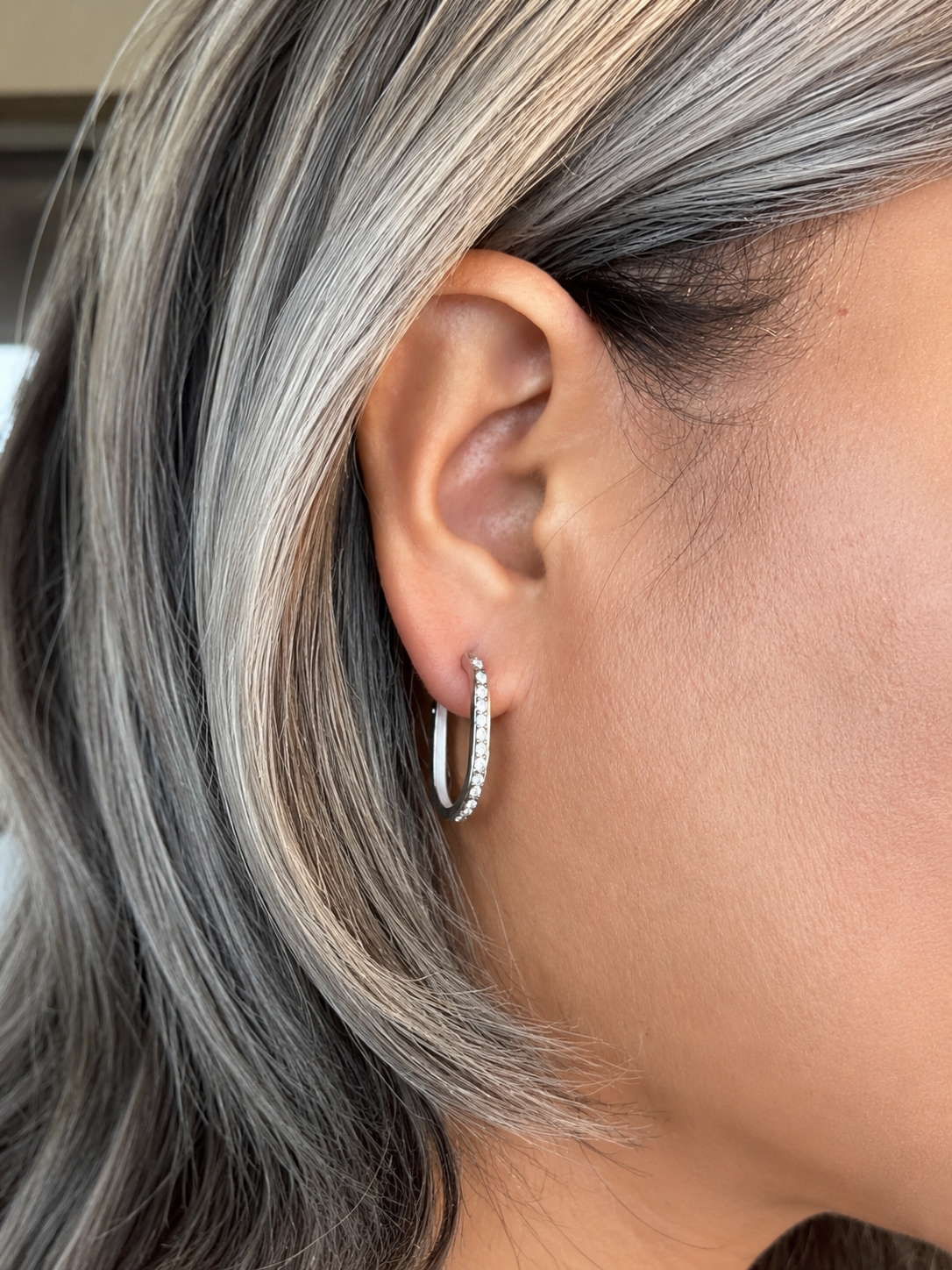 Yellow Gold or White Gold U Hoop Earrings with AAA Cubic Zirconia, White Enamel Inlay
