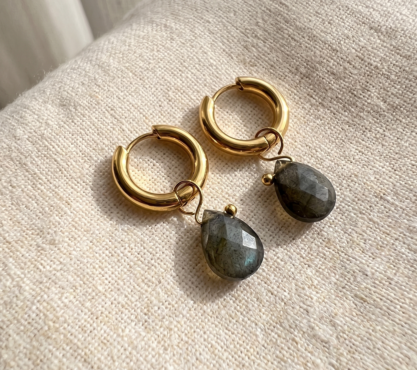 Labradorite Teardrop Huggie Hoop Earrings — 18K Gold Plated