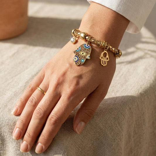 Gold Evil Eye Hamsa Bracelet Chakra Meditation Yoga Protection Spiritual Jewelry Healing Balance