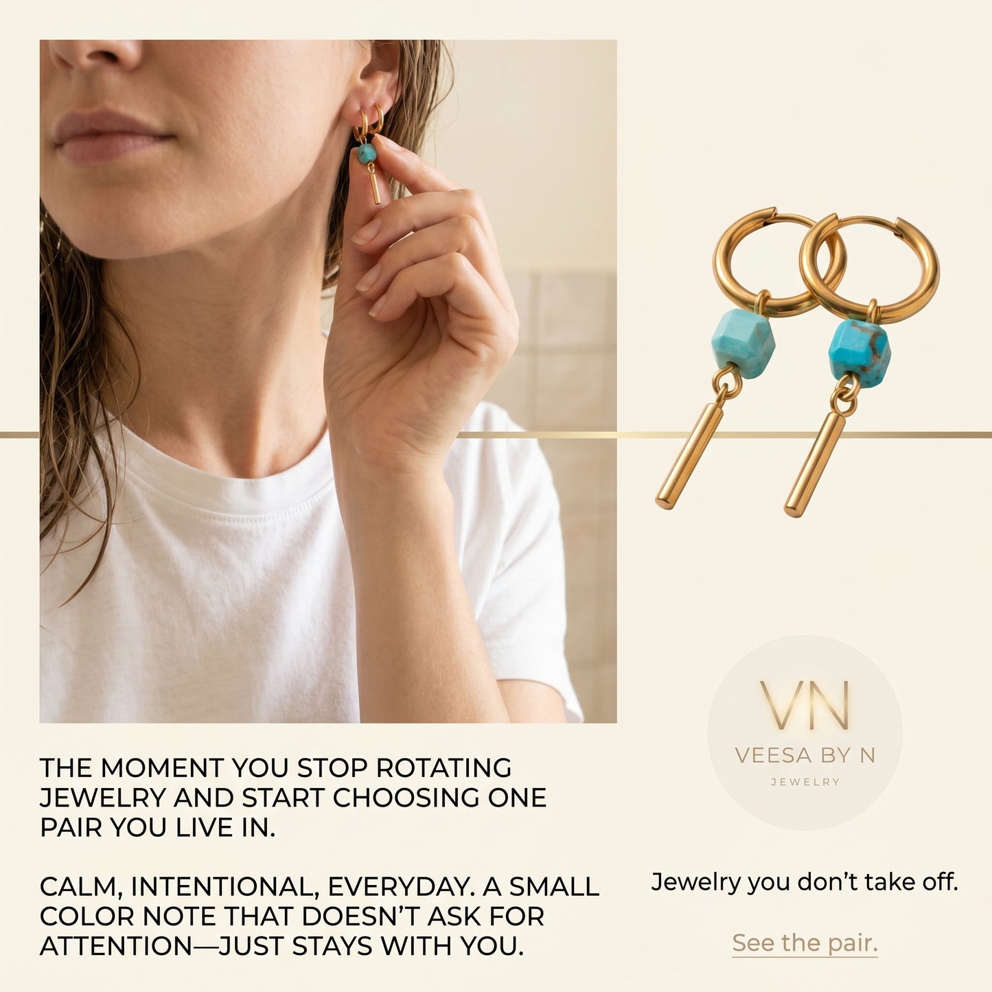 Gold & Turquoise Dangle Huggie Hoop Earrings