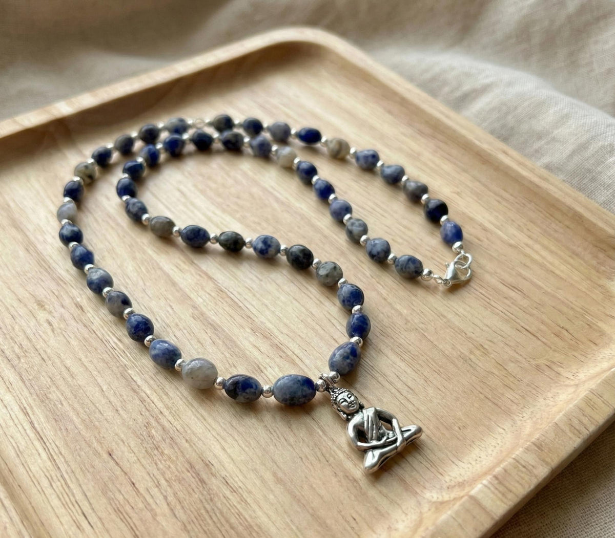 Sodalite Buddha charm necklace with a natural sodalite stone