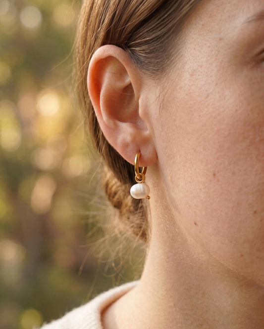 Freshwater Pearl Gold Hoop Earrings
