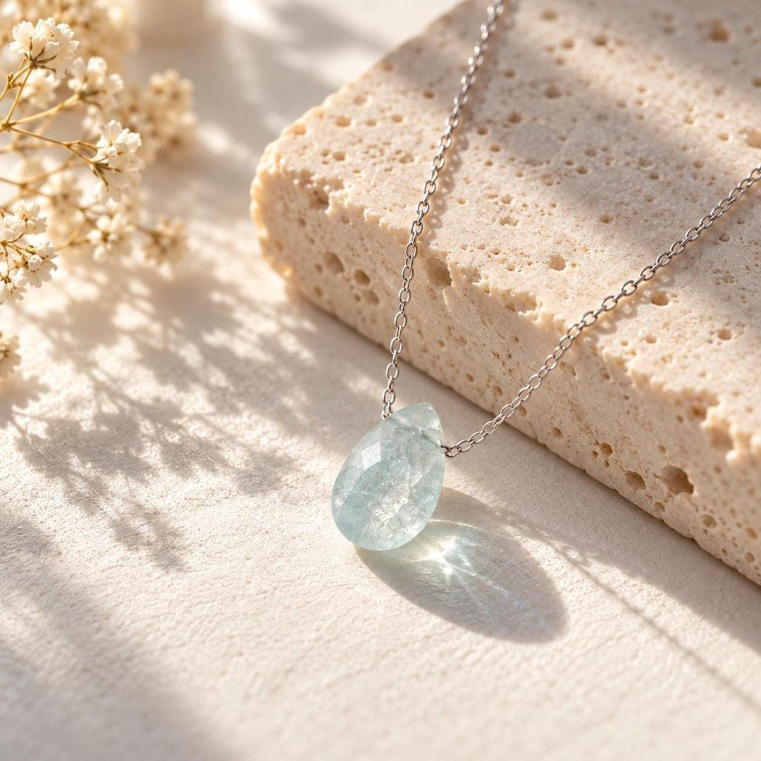 Aquamarine Teardrop Necklace on Sterling Silver Chain