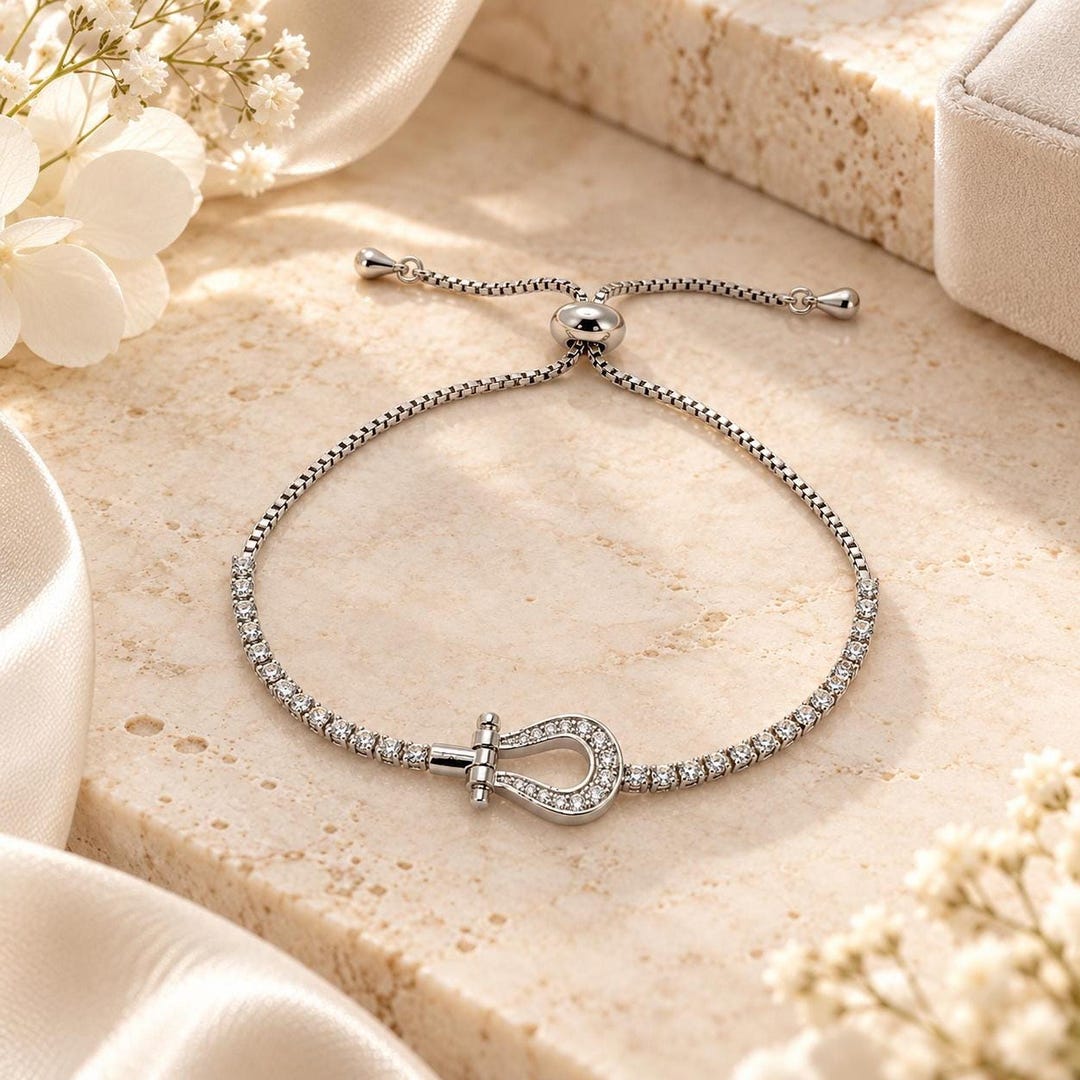 Horseshoe Bracelet with CZ Pavé, 14K White Gold-Plated Adjustable Slider