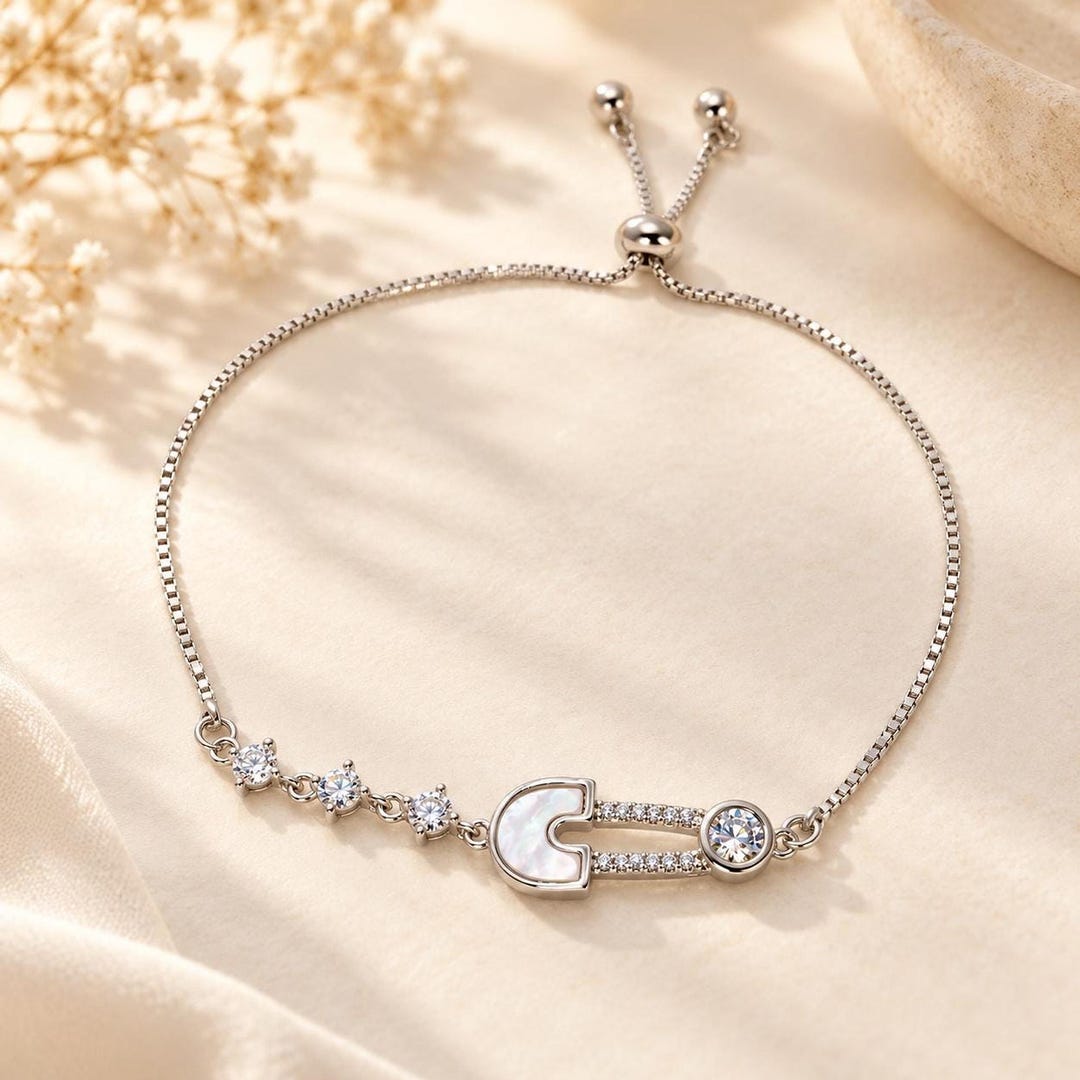 Safety Pin Bracelet with Pearl Inlay and CZ, 14K Gold-Plated Slider