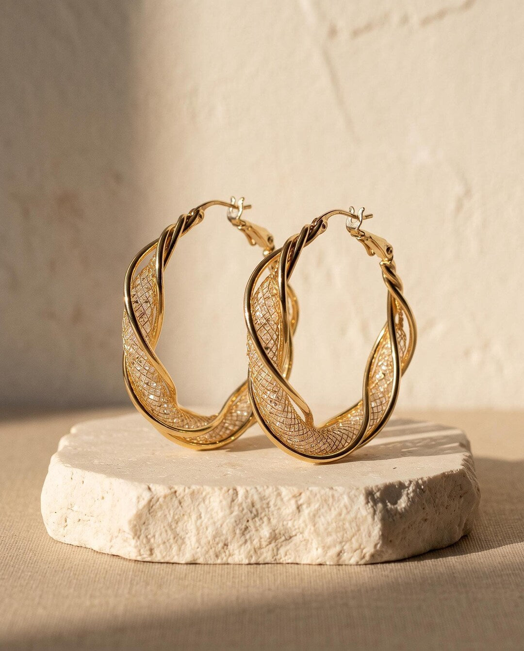 Gold-Plated Twisted Hoop Earrings with Crystal Bead Mesh Tube
