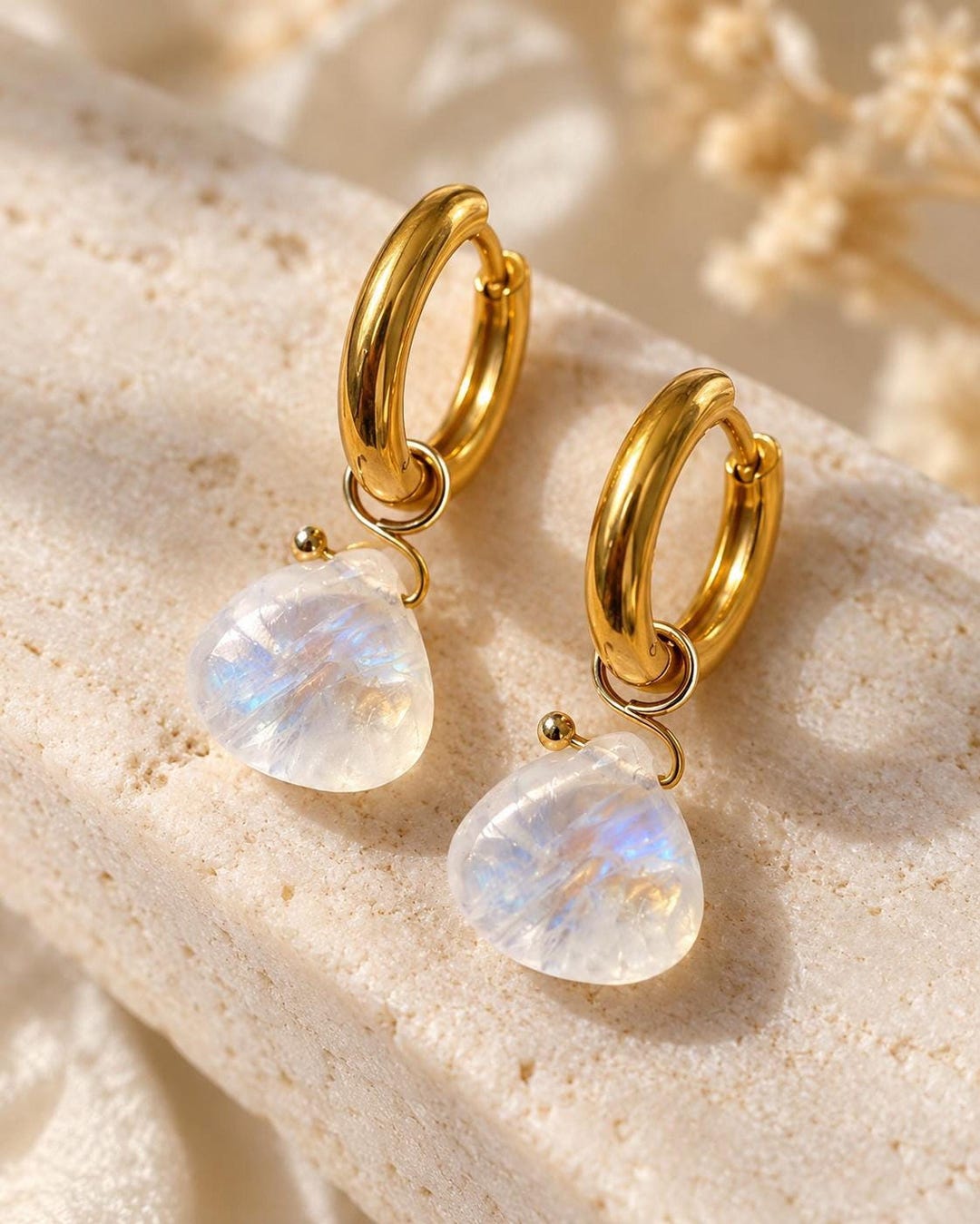 Moonstone Briolette Huggie Hoop Earrings in 18K Gold-Plated Steel