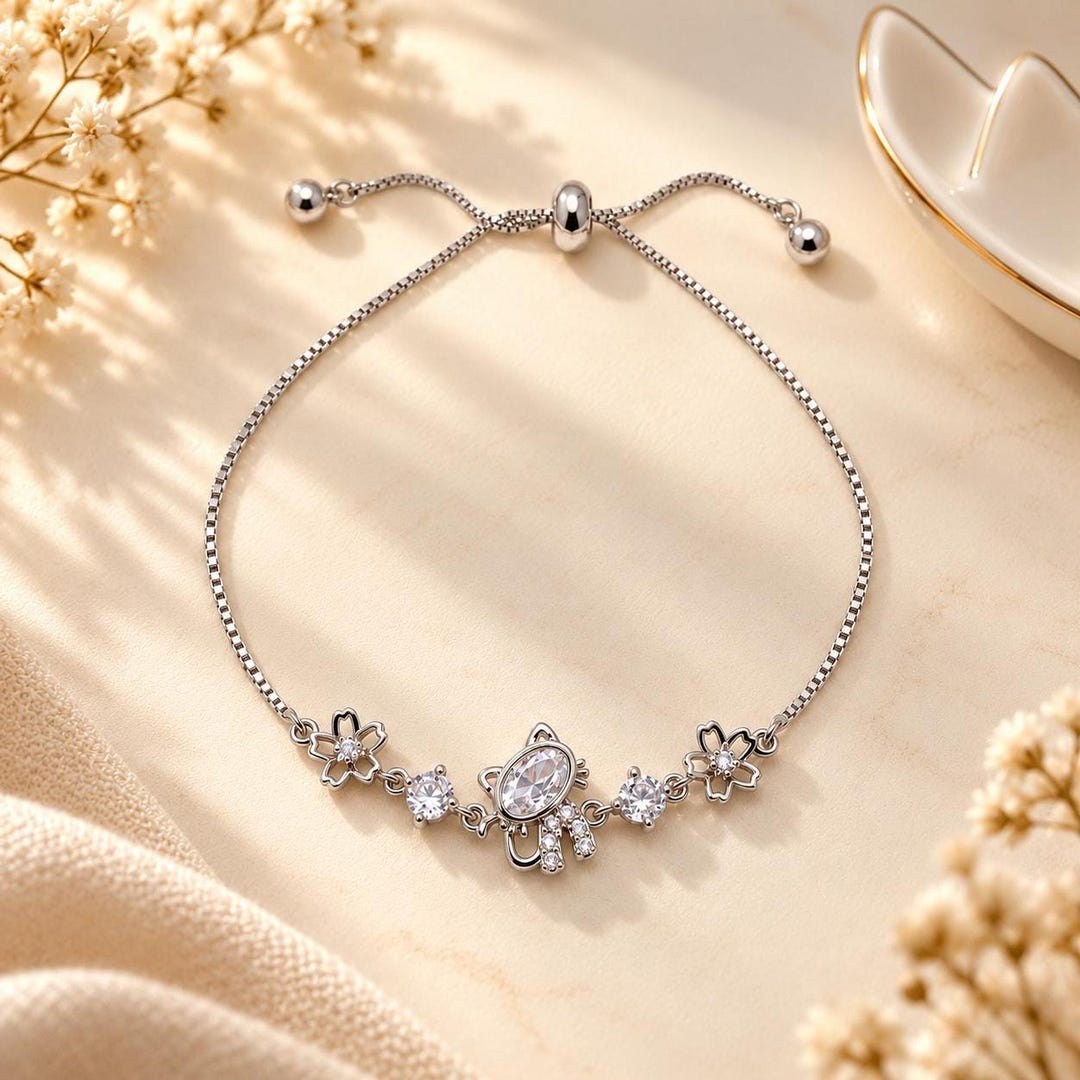 Cat Charm Bracelet with CZ Crystals, 14K Gold-Plated Adjustable Slider