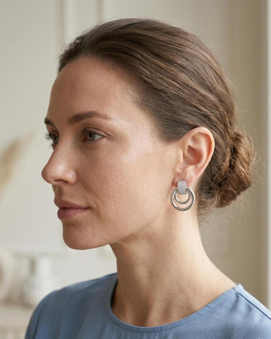 Silver Crystal Pavé Double Circle Earrings - worn