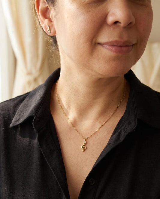 Treble Clef Necklace & Earrings Set, Gold - detail view