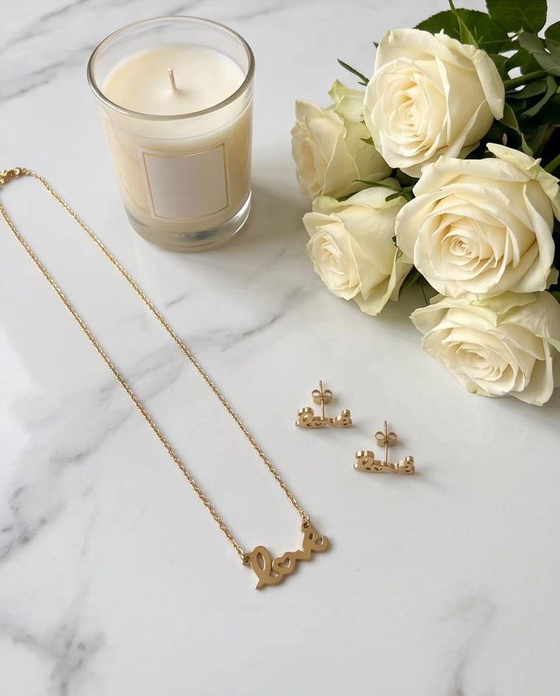 Love Necklace & Earrings Set, Gold - additional view