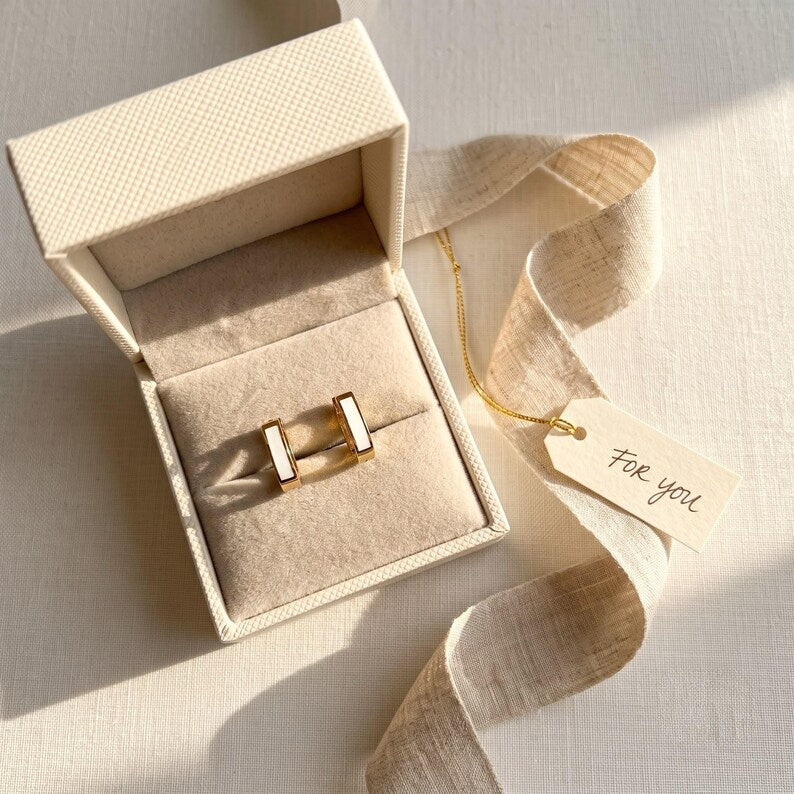 White Enamel Huggie Hoop Earrings, Gold - detail