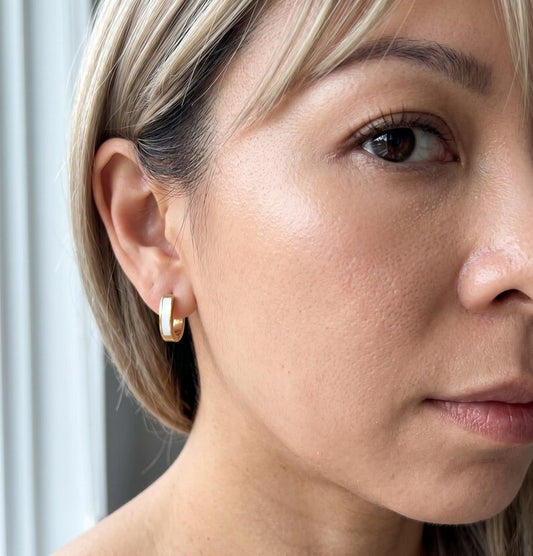 White Enamel Huggie Hoop Earrings, Gold - detail