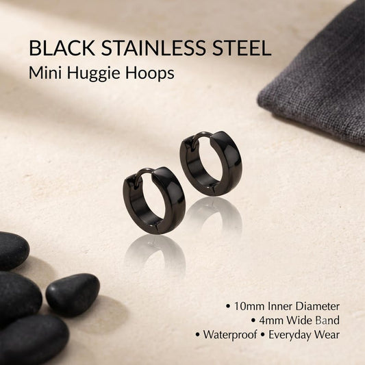 Black Stainless Steel Huggie Hoop Earrings, Unisex - main
