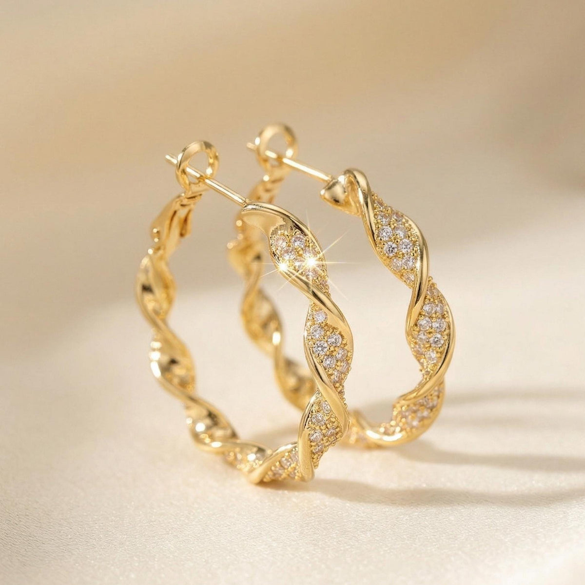 Twisted crystal pavé gold hoop earrings, a minimalist holiday jewelry gift from VEESA BY N