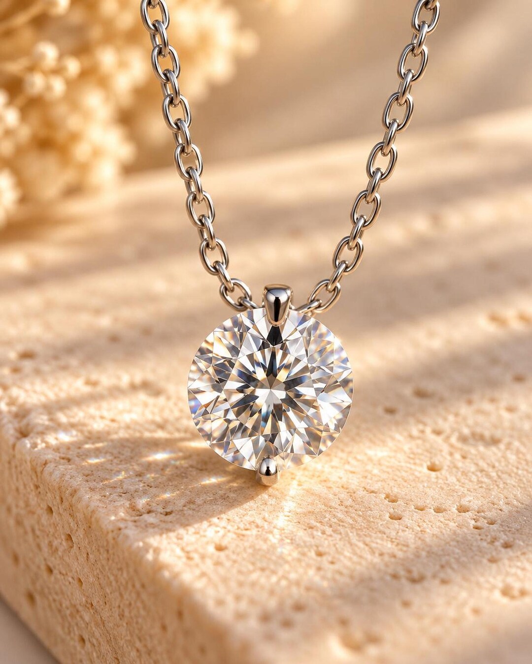 2ct round moissanite floating solitaire pendant on a silver chain, resting on warm cream stone