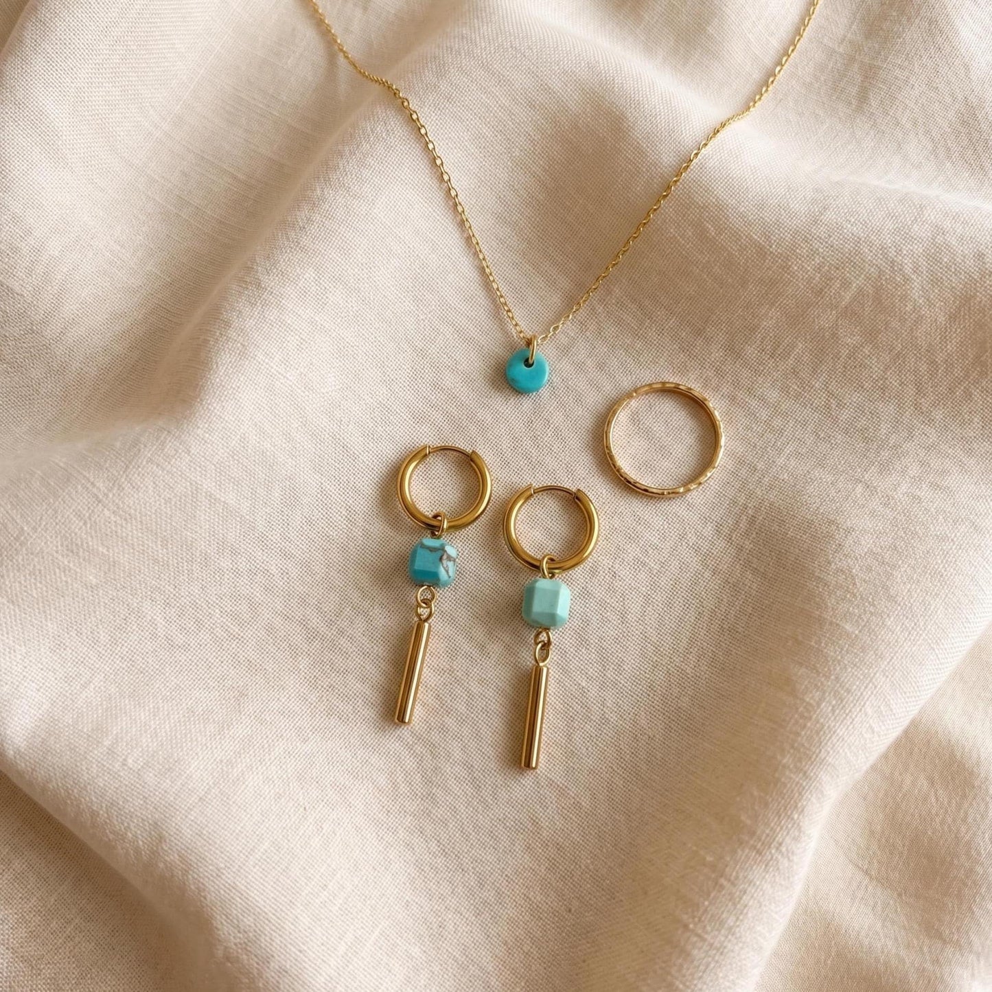 Gold & Turquoise Dangle Huggie Hoop Earrings
