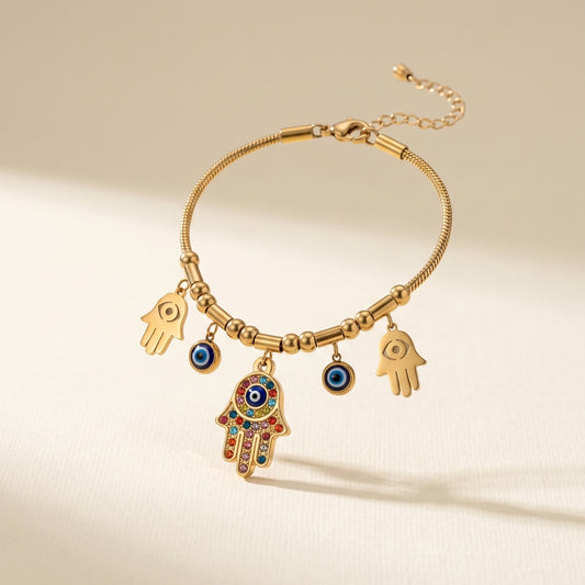 Gold Hamsa Hand & Evil Eye Charm Bracelet