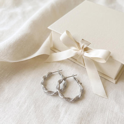 Twisted Crystal Pavé Silver Hoops