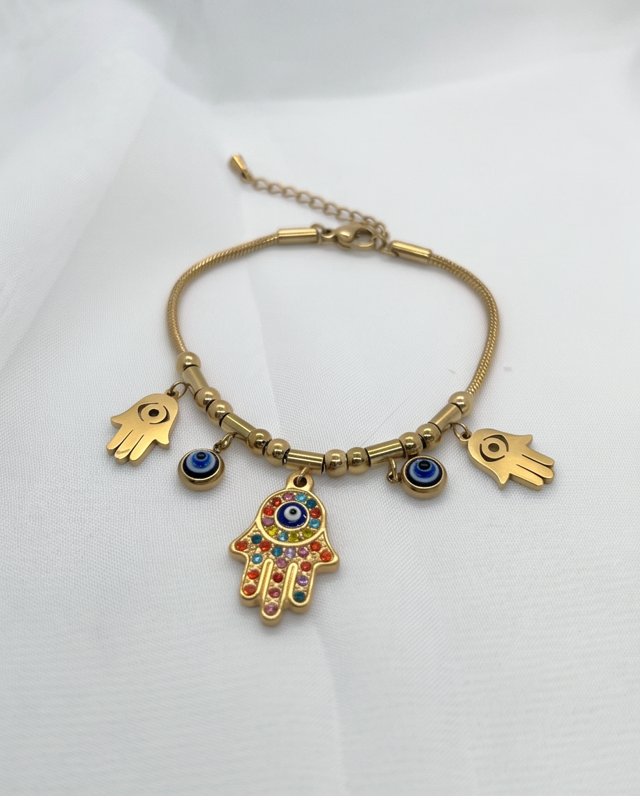 Gold Hamsa Hand & Evil Eye Charm Bracelet
