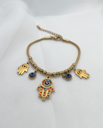 Gold Hamsa Hand & Evil Eye Charm Bracelet