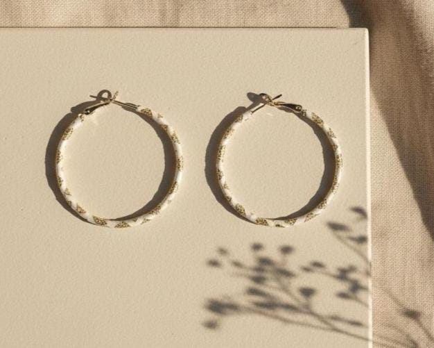 White Enamel Twisted Gold Hoops