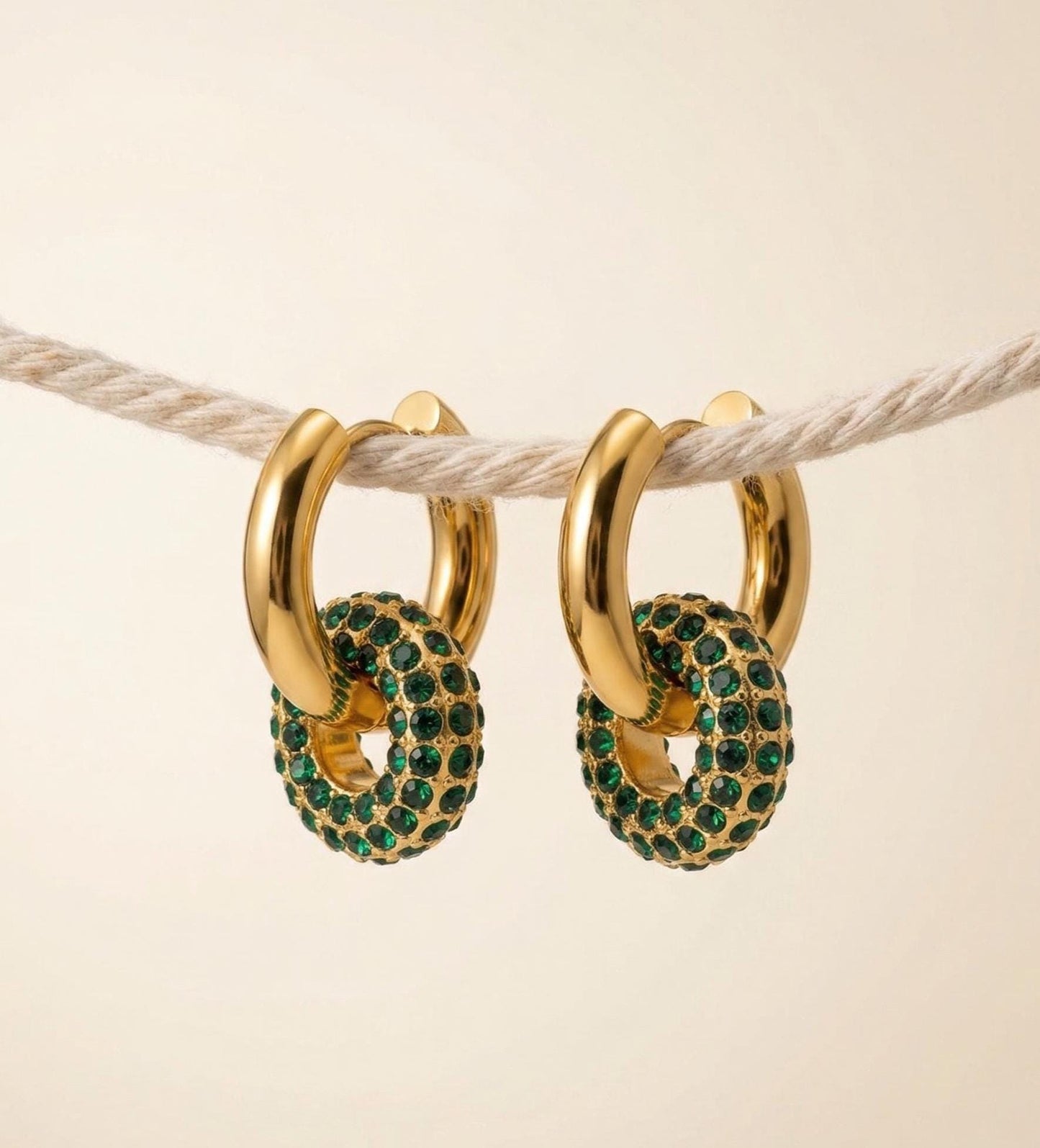 Emerald Pavé Donut Charm Gold Huggie Hoops