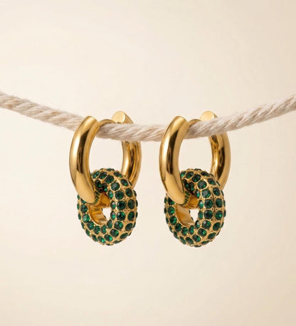 Emerald Pavé Donut Charm Gold Huggie Hoops