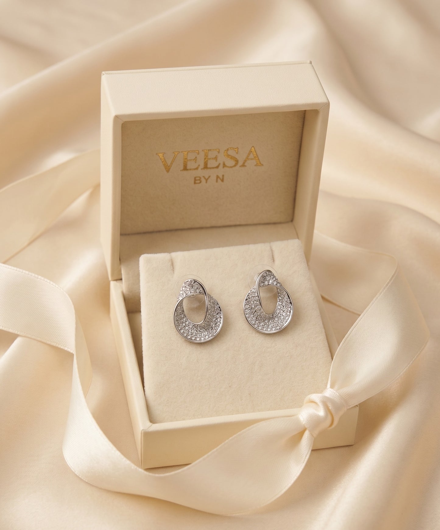 Crystal Pavé Ribbon Stud Earrings — Gold & Silver Minimalist Everyday