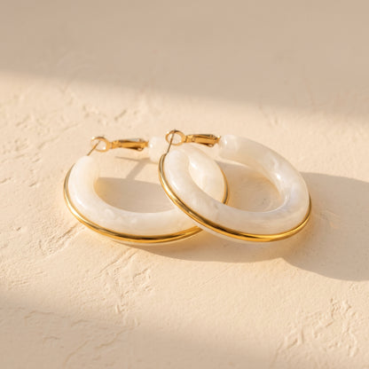 White Resin Hoop Earrings with Gold Trim