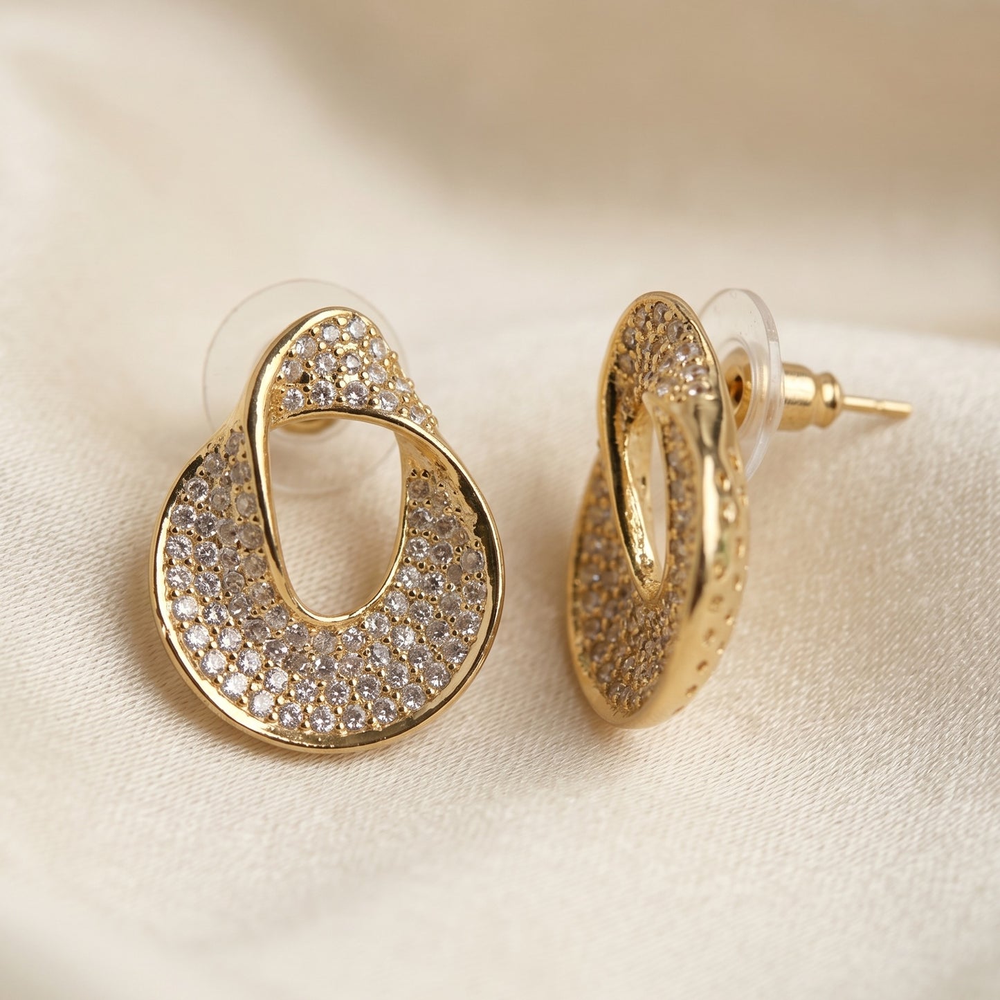 Crystal Pavé Ribbon Stud Earrings — Gold & Silver Minimalist Everyday