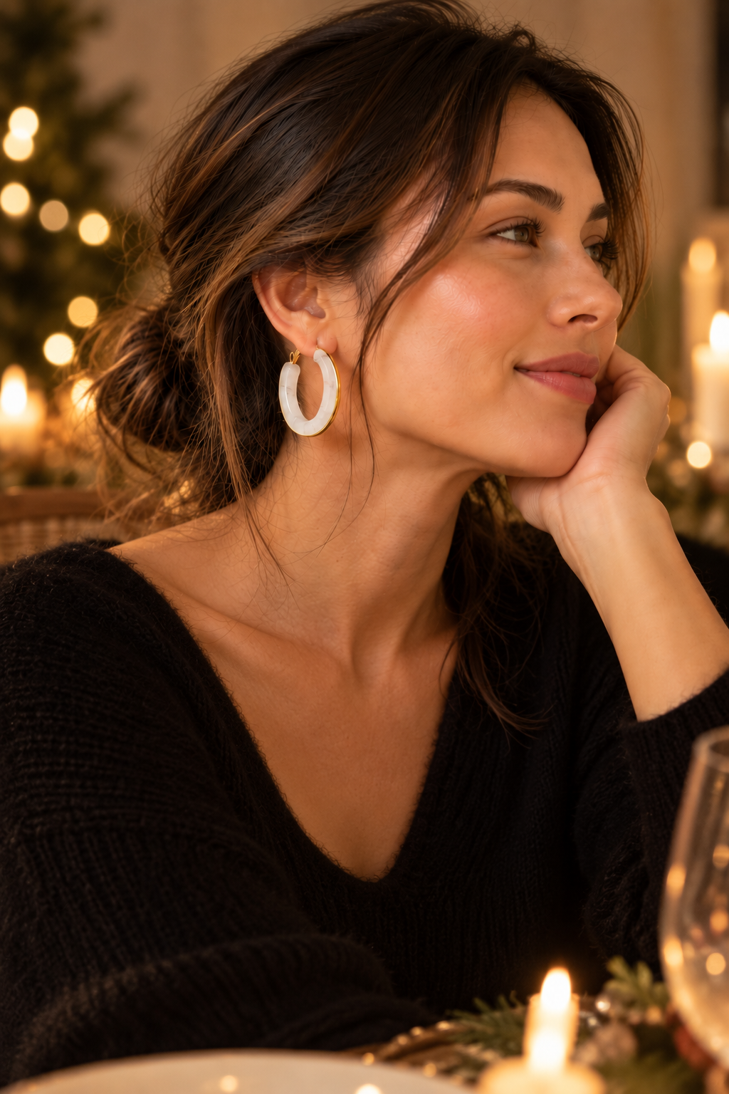 White Resin Hoop Earrings with Gold Trim