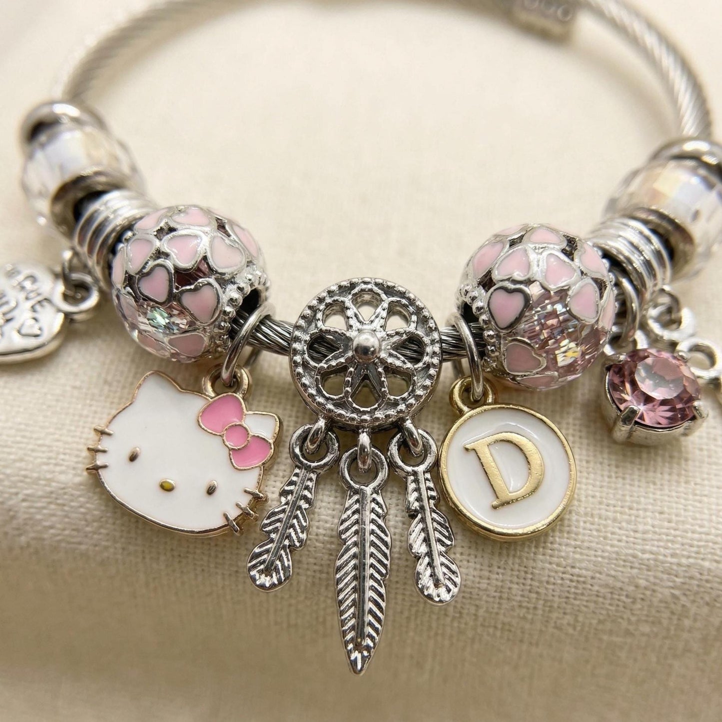 Hello Kitty Charm Bracelet with Initial, Personalized Cable Bangle, Pink Crystal, Y2K Gift Jewelry