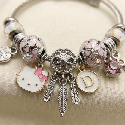 Hello Kitty Charm Bracelet with Initial, Personalized Cable Bangle, Pink Crystal, Y2K Gift Jewelry