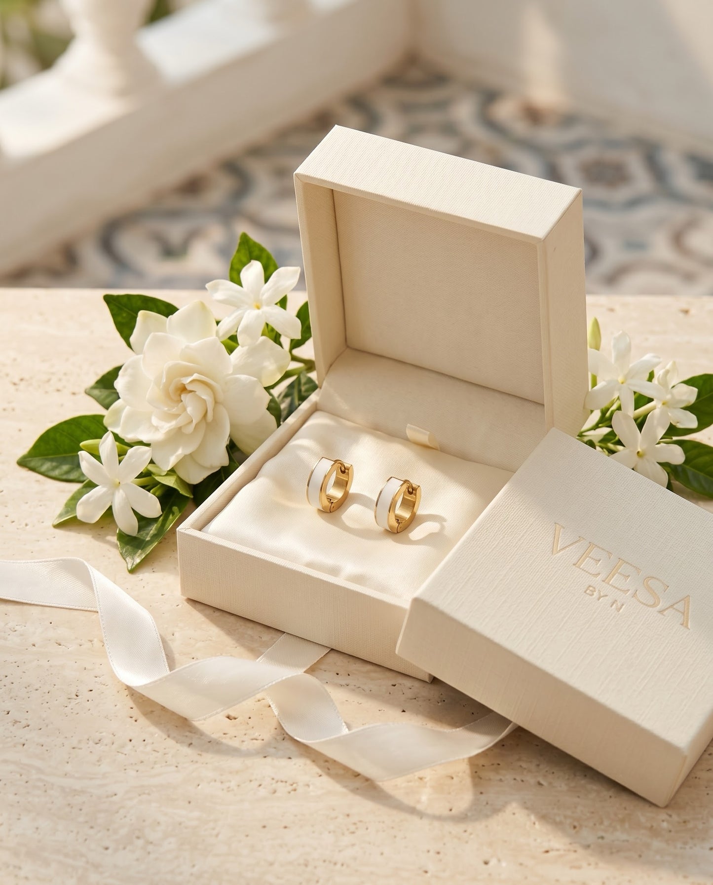 White Enamel Huggie Hoop Earrings — Gold, Waterproof
