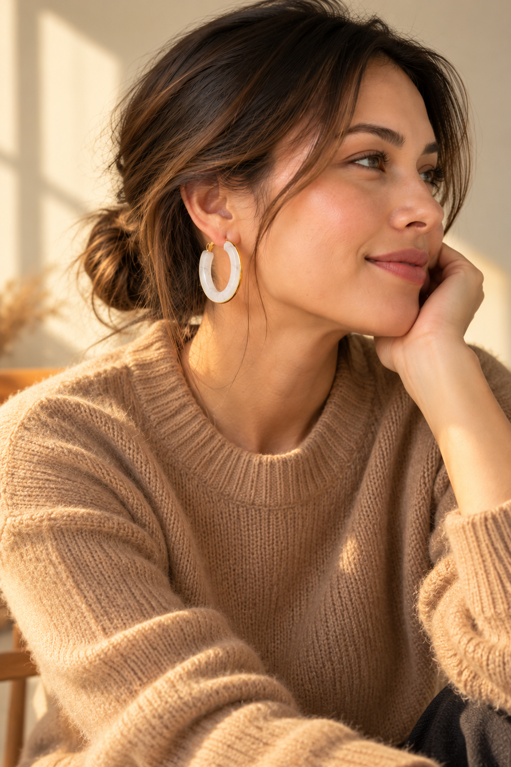 White Resin Hoop Earrings with Gold Trim
