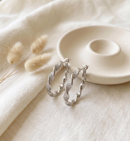Twisted Crystal Pavé Silver Hoops