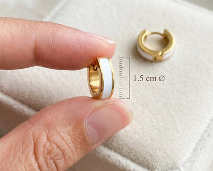 White Enamel Gold Huggie Hoops