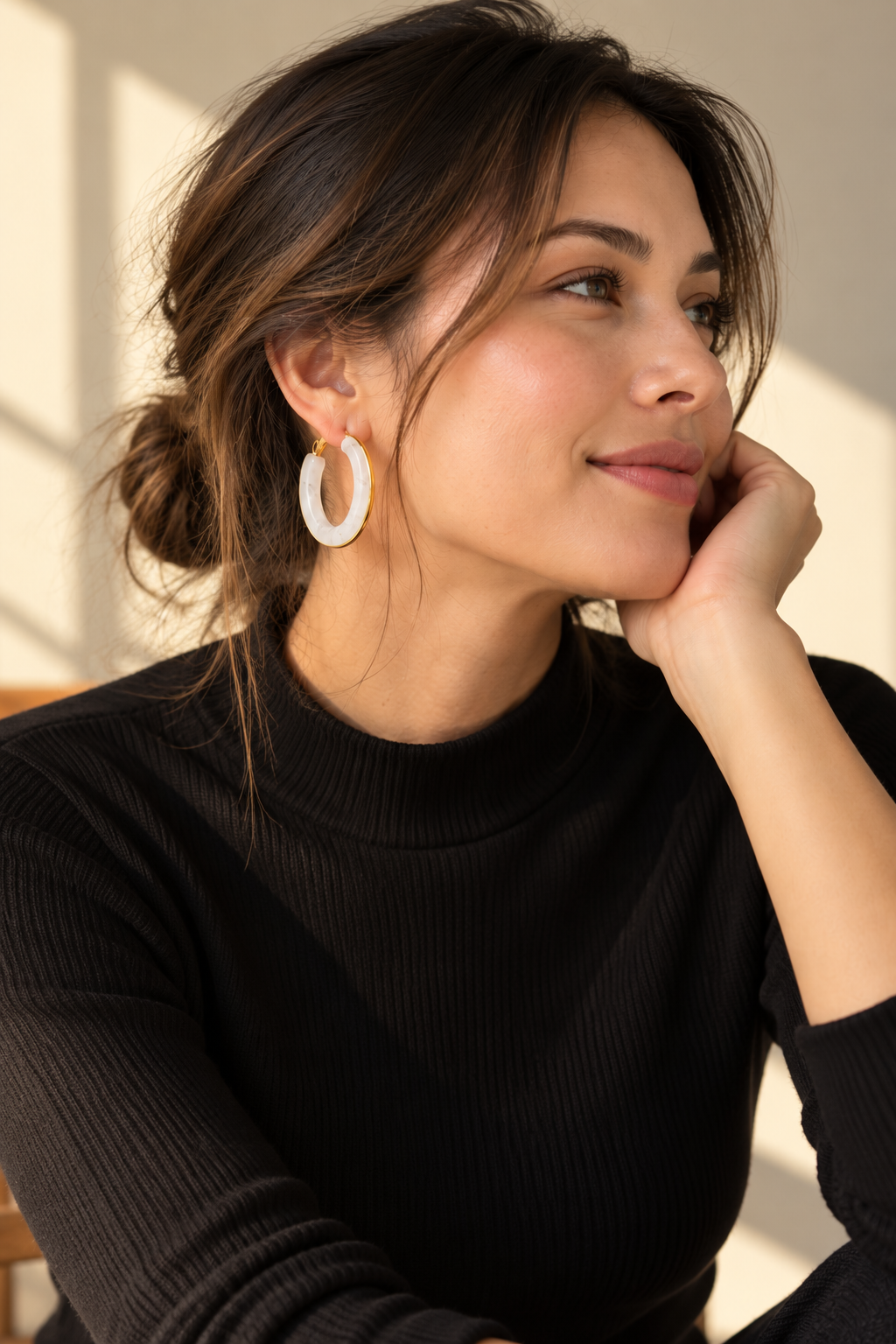 White Resin Hoop Earrings with Gold Trim