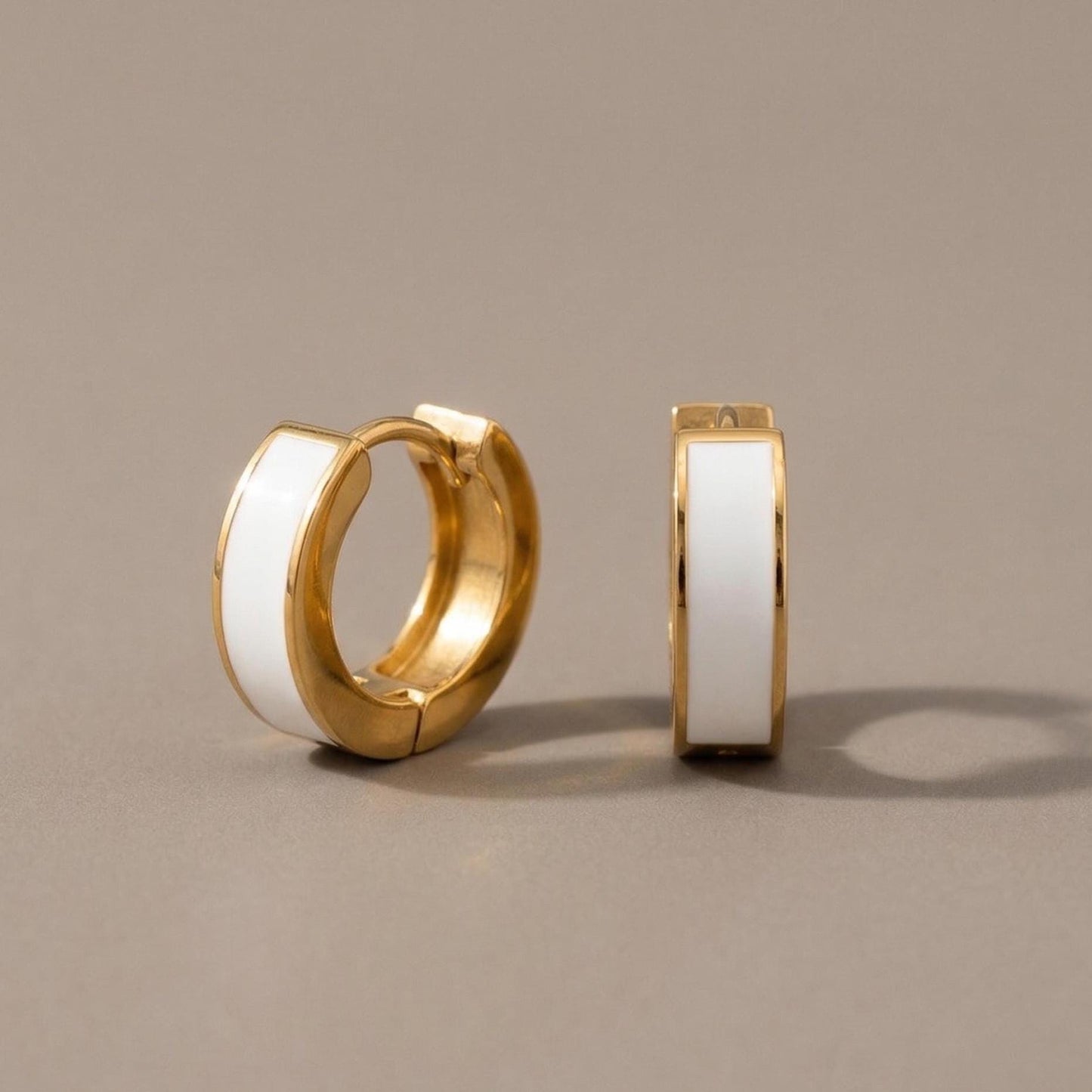 White Enamel Gold Huggie Hoops
