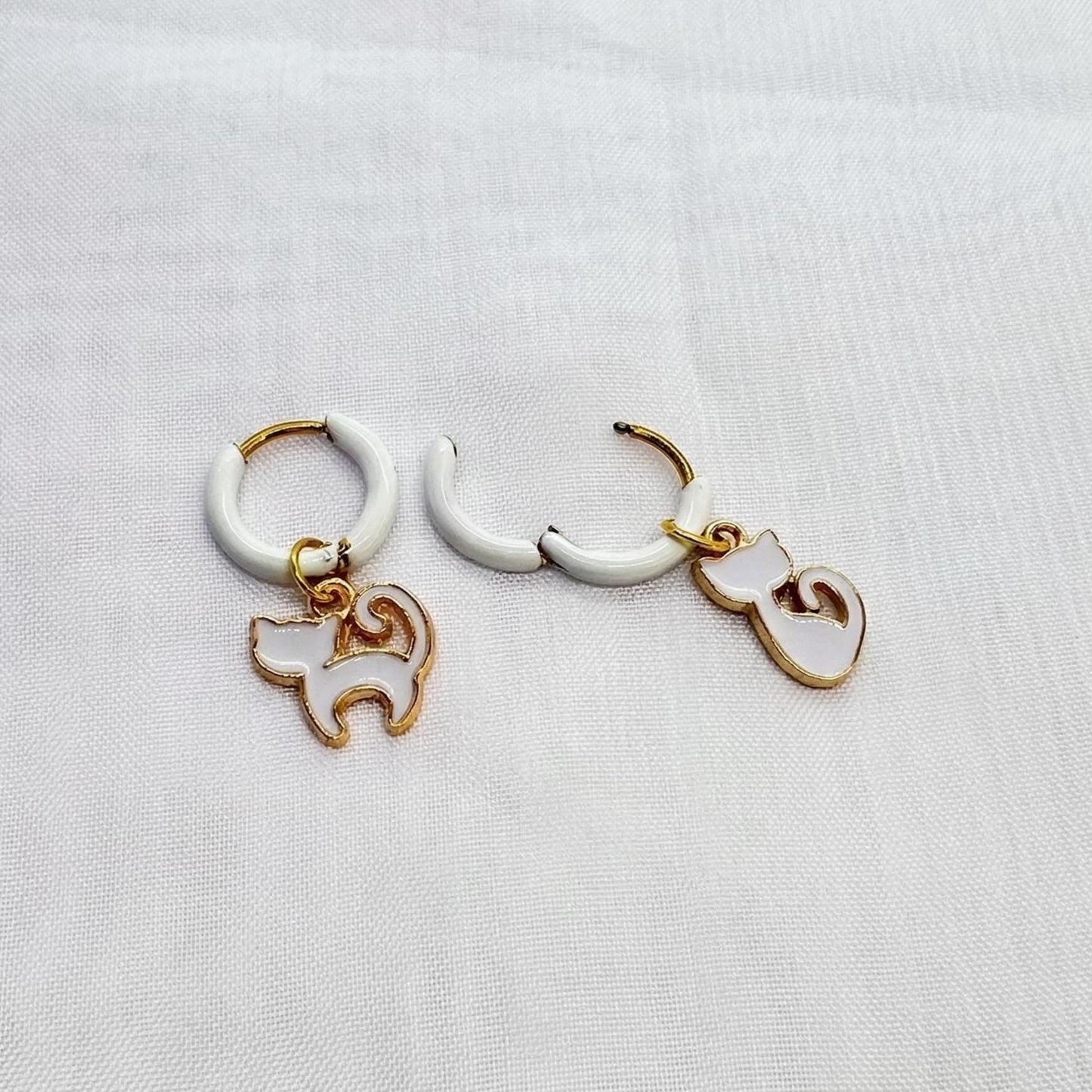White Enamel Cat Huggie Hoops