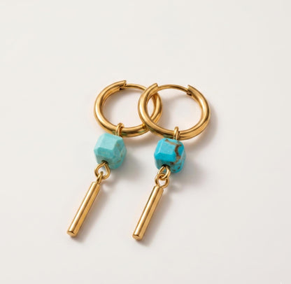 Gold & Turquoise Dangle Huggie Hoop Earrings