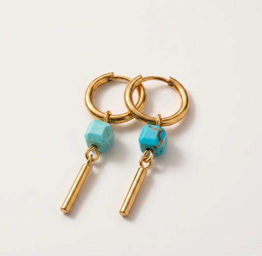 Gold & Turquoise Dangle Huggie Hoop Earrings